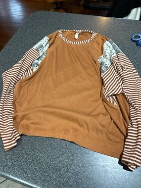 SHEIN Rust Patchwork Striped & Floral Sleeve Long-Sleeve Top